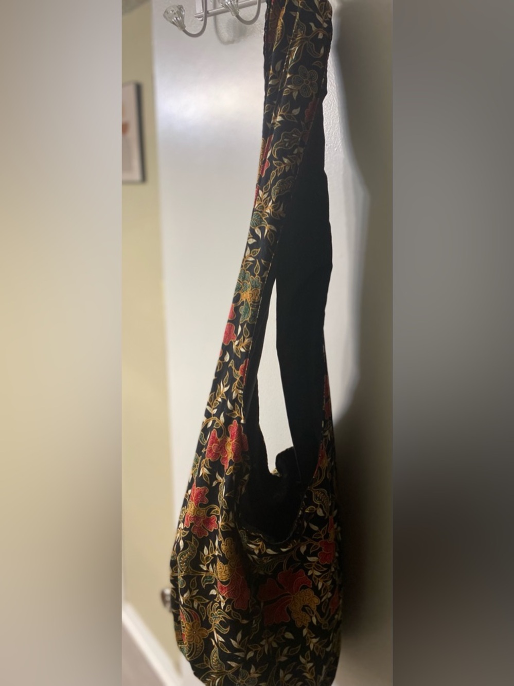 Black Floral Sling Bag with Red & Gold Accents